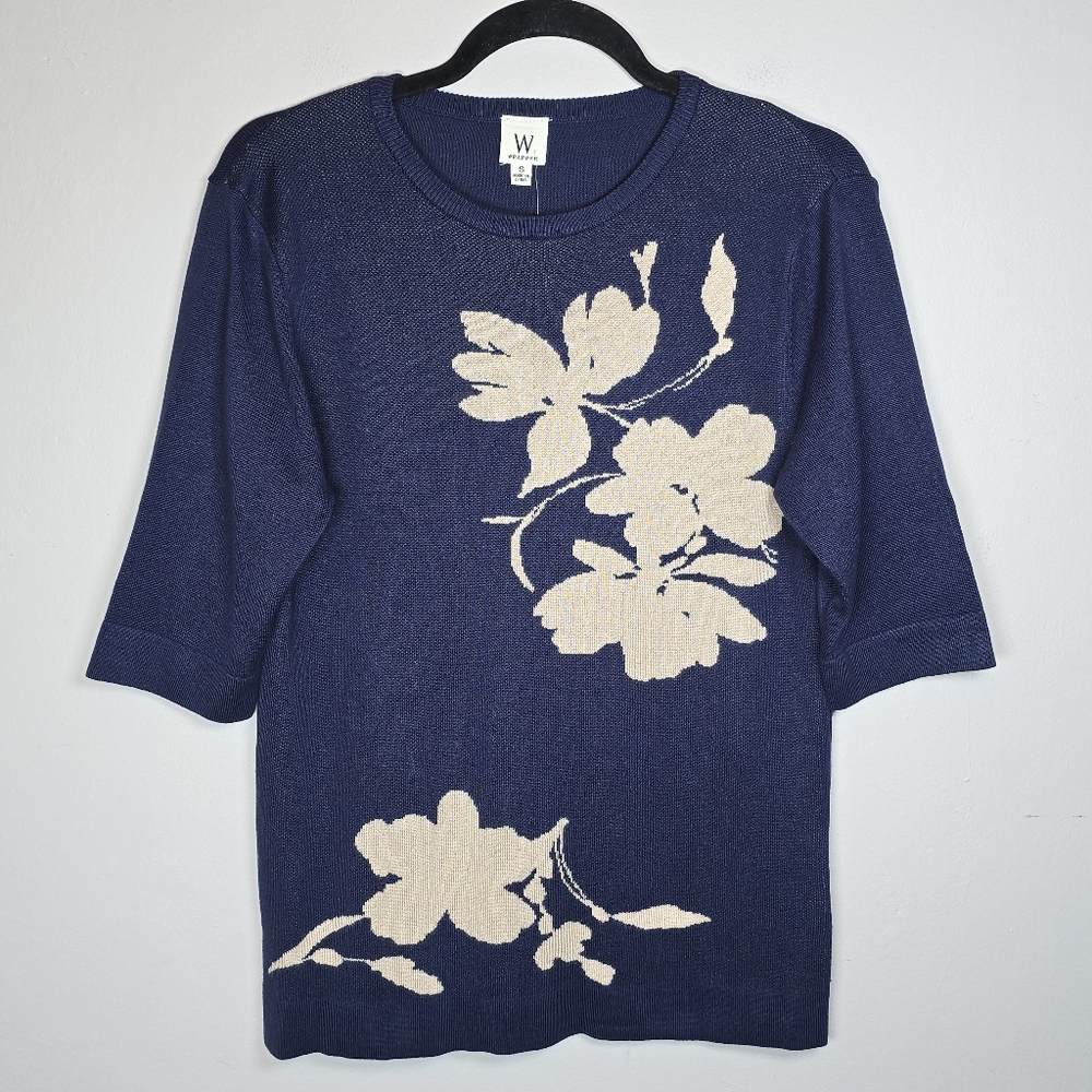Wrapper Women's Elbow Sleeve Navy Blue Floral Sweater Small Classic Chic NWT